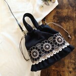 長財布が入る　2way 巾着 バッグ　インド刺繍リボン　ブラック