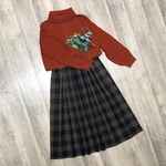 ブラウン×ブラック ブロックチェック の ナチュラル ギャザースカート