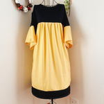 【春の sale♪】おとなのバイカラーワンピース　黒　イエローベージュ　黒のブレード　ポリエステル　ロング丈　ゆったりサイズ