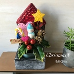 【❤️再販】🎄粘土花🌼楽しいクリスマス＊木製お家スタンドブリキバケツのほんわか雪だるま⛄レッドのみ💗
