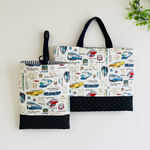 通園・通学２点セット(キルト)◆レッスンバッグ・上履き入れ◆男の子◆ 新幹線・電車柄(オフホワイト)