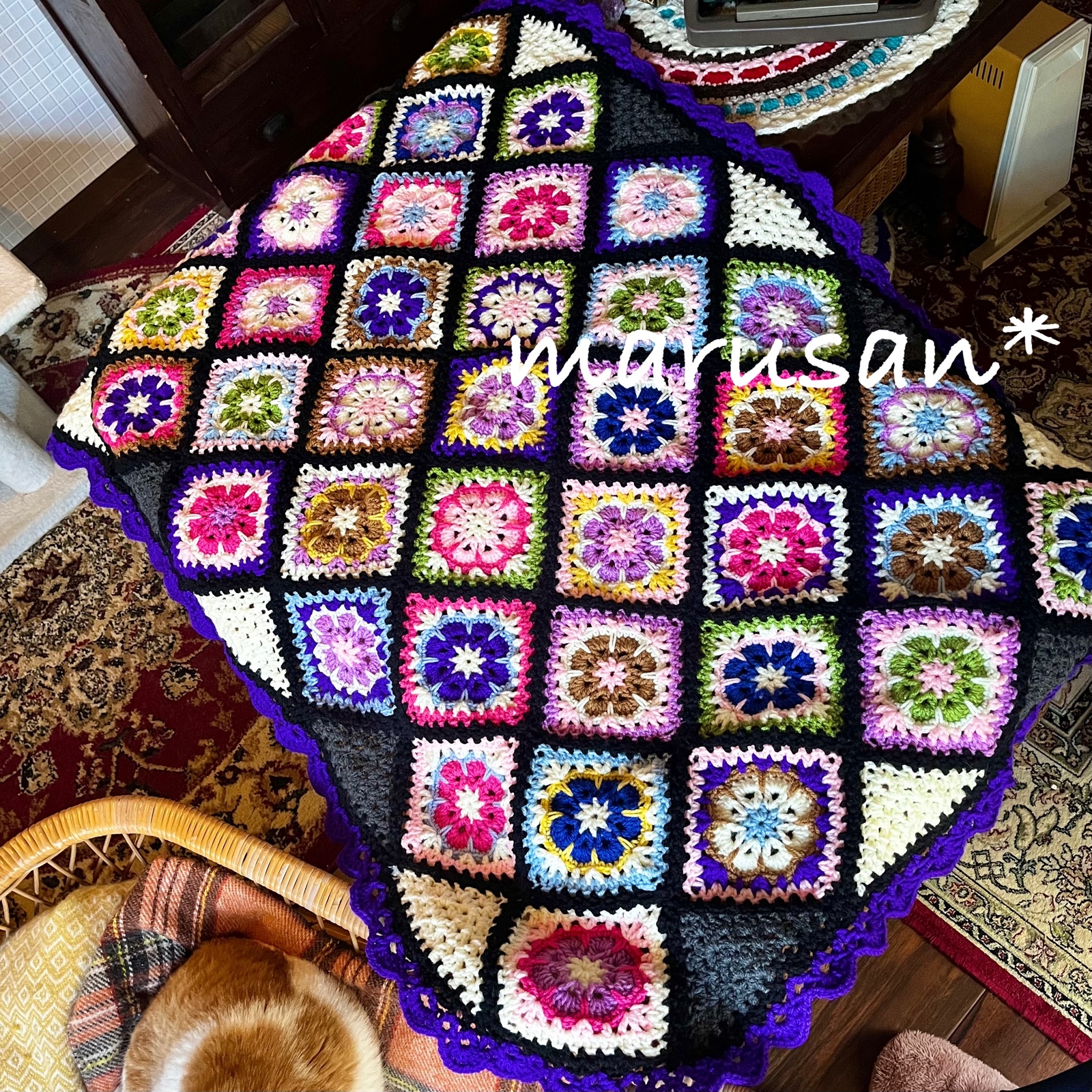 大判ブランケット∗*ﾟモチーフ編みのレトロポップなクロシェ編み∗*ﾟ