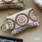 new✨インド刺繍リボンポーチ 華やかivory🤍カードケース💳 フェイクレザー カラビナポーチ　