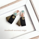 アーガイル柄beige mint×レザーピアス(イヤリング)