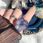ブラック【美aura】黒／ビオラ／ドライフラワー／押し花／ラインストーン／ボタニカル／カラフル／花／フリーサイズ／リング