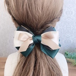 【送料無料 一点物】ベージュ×深緑 リボン ヘアアクセサリー 大人 バレッタ ポニーフック ヘアゴム ヘアカフ リボンピン