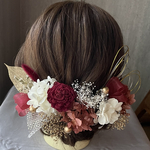 ふわふわボリューム感♡お着物に合うレッド系ドライフラワー髪飾り♡成人式　和装　振袖　袴　卒業式　結婚式　カラードレス　七五三　あじさい　かすみ草　ヘアピン　ヘアアクセサリー  ヘッドドレス　お呼ばれ