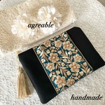 インド刺繍リボン(黒) フラットポーチ　タッセル付き　NO.3