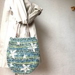 お花の手編みニットバッグ/毛糸バッグ/ウール/北欧/秋バッグ/キナリ/くすみグリーン/クロシェ/冬バッグ