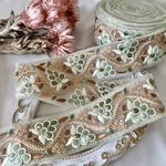 30cm/50cm  インド刺繍リボン  チュール  花柄  くすみグリーン