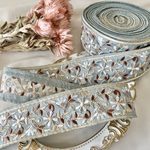 50cm  インド刺繍リボン  シルク  花柄  くすみブルー  #n2s4