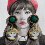ビーズ刺繍カボション×レトロな猫✳ピアス､イヤリング✳アクセサリー✳レトロ  古着 北欧 ゆめかわ 猫 ねこ ネコ レトロポップ 昭和レトロ 刺繍 刺繍ピアス  ビーズ刺繍 カラフル