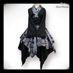 1点物* 姫袖ブラウス 全円サーキュラー イレギュラースカート 帯風リボン 和柄ドレスセット★黒×ブルーグレー 銀彩 (即納品)