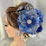 青の和装髪飾り　シルバーver