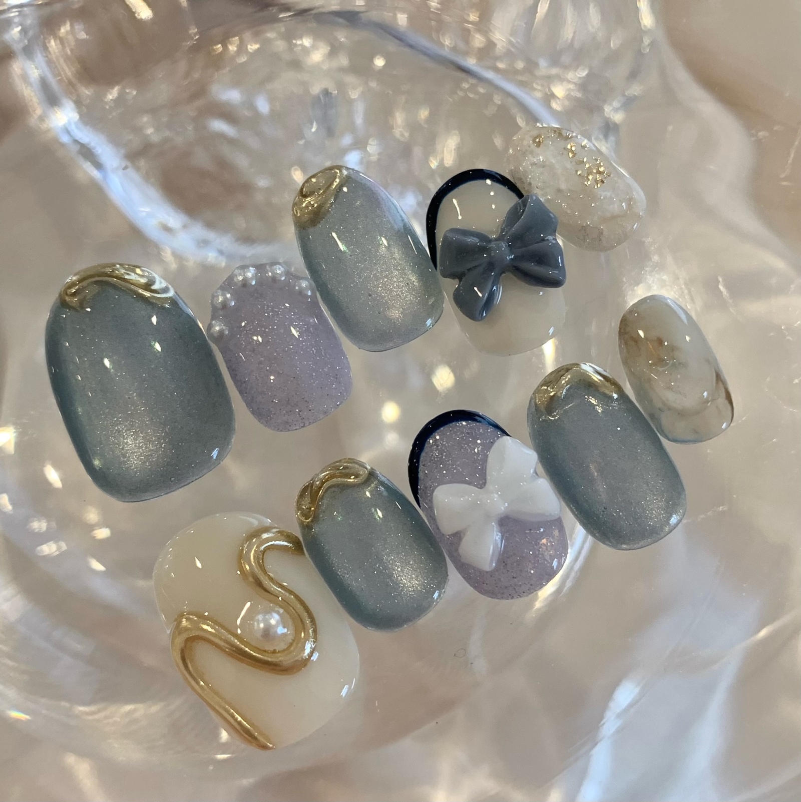 オーダー】ネイルチップ フレンチ ブルー マグネット リボン ダストシール