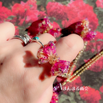 リング【薔薇のリボン🌹】赤／薔薇／ドライフラワー／押し花／金箔／りぼん／ゴールド／大人かわいい／プレゼント／小ぶり／フリーサイズ／リング／薔薇の指輪