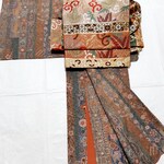 ワンタッチ着物　くらわん着物　正絹小紋リメイク　茶系更紗縦縞文様