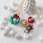 🧸🎄 Teddy bear ・Xmas sweets coffret ✵ クリスマス満喫クマさんの1粒耳飾り3セットとドーナツリースのネックレス 【王道グリーン】蓄光  