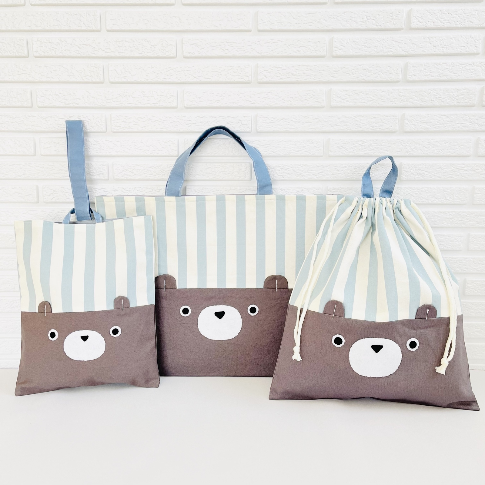 あんじー　入園入学3点セット　くすみグレー　ストライプ　ハンドメイド あんじー 入園入学3点セット くすみグレー ストライプ