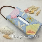 壁掛けＢＯＸティッシュカバー☆貝ヒトデ☆空色ハワイアンキルト⑤