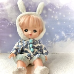 ネコぴょんセットアップ　耳付き　フード　パーカー　ピンクチェック　セットアップ　メルちゃん服　ソランちゃん服　メルちゃん　猫耳
