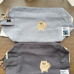 ポメラニアン刺繍 オーガニックコットンポーチSネイビー