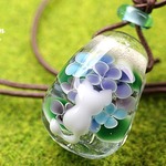 紫陽花とねこのガラスチョーカー☆とんぼ玉[m160701]