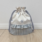 クリボン刺繍　コップ袋　くすみブルー　チェック　