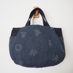 刺繍　起毛　北欧柄×紺リネン　タックぷっくりBAG　両脇ポケット♪リネン　麻