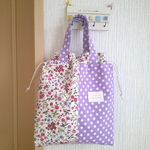 巾着トートバッグ☆花柄&ピンクドット4221③・サブバッグ・エコバッグ・ミニバッグ