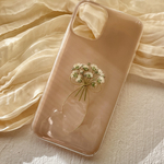 【ブラウンかすみ草ブーケ】 スマホケース　押し花スマホケース　ソフトケース　手帳型ケース　iPhone 17 16 13 全機種対応　かすみ草　ベージュ　リボン　android 秋　冬　人気　ブーケ　