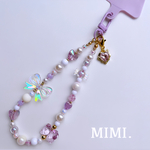 ハンドストラップ🧸ビーズストラップ💟スマホストラップ💜ビーズキーホルダー⚪️ジュエルパープル🤍¨̮* スマホ用タグ/チャーム付🎀/ MIMI. ❁