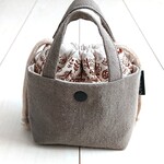▼mini巾着トートバッグ▼北欧テイスト／pencil flower(ナチュラル×ブラウン)+cotton linenキャンバス(スモークカーキ)