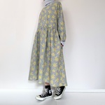 ミモザとレース柄＊春の花柄　ミニブーケ＊長袖ワンピース＊綿麻コットンリネン＊ナチュラルグレー