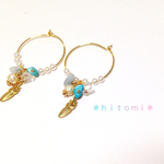 ＊送料無料＊天然石とフェザーのフープピアス＊イヤリング＊シュガーパール＊ターコイズ＊オパール＊アクアマリン＊羽根＊夏＊浴衣