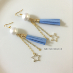 コットンパールの星とタッセルピアス（ライトブルー）