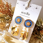 青 オレンジ ピアス イヤリング アンティーク アンティークボタン 白 ビーズ 花びら フリル 大人可愛い 上品 キレイめ 華やか ブルー 大ぶり ゴールド