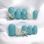 【 カラー変更無料 】ネイルチップ〔 mikke. 〕 / 結婚式 ティファニーブルー リボン