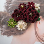 ちりめん　椿　えんじ　生成　黄緑　和玉　つまみ細工　髪飾り　ヘアアクセサリー　Uピン　成人式　卒業式　袴　和装　七五三　浴衣　