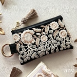 new✨インド刺繍リボンポーチ elegantブラック🖤カードケース💳 フェイクレザー カラビナポーチ　贈り物♡ご自分へのご褒美に♡