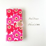 送料無料★上質✴︎選べるビジュー✴︎Pink 北欧フラワー手帳型iPhoneケース