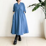 長袖ワンピース　Cotton　ソフトデニムBlue