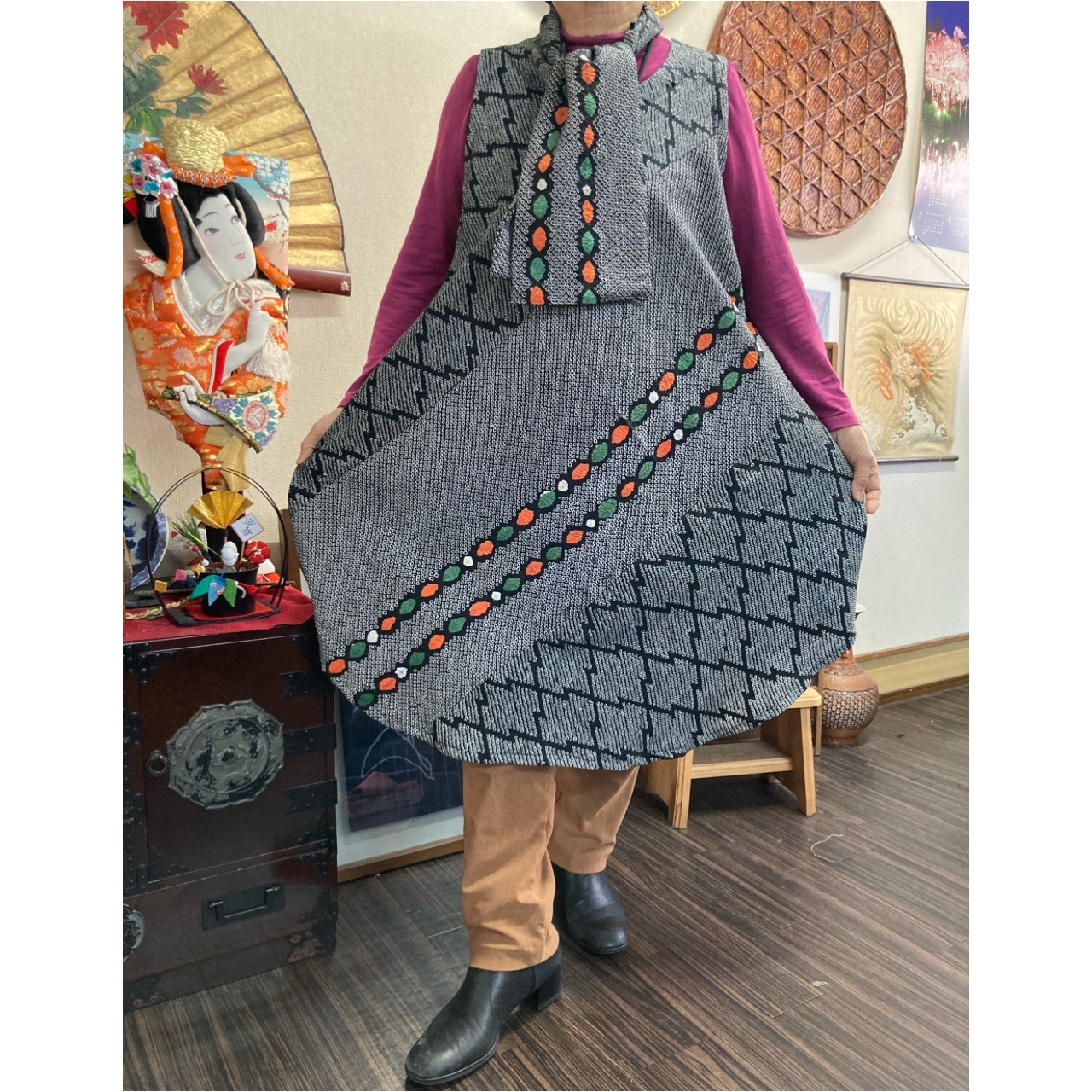総絞り(2種類)のチュニック(ストール付き) 着物リメイク