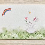 🌈「良い事ありますように」水彩画イラストポストカード　うさぎ　ウサギ　虹　母の日　バースデーカード 入園入学　花　蝶々　ちょうちょ🌈