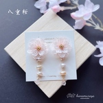 【八重桜】　つまみ細工×天然石耳飾り　淡水パール　モルガナイト