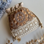 new✨インド刺繍リボン 華やか巾着✨orange beige🧡巾着袋 小物入れ
