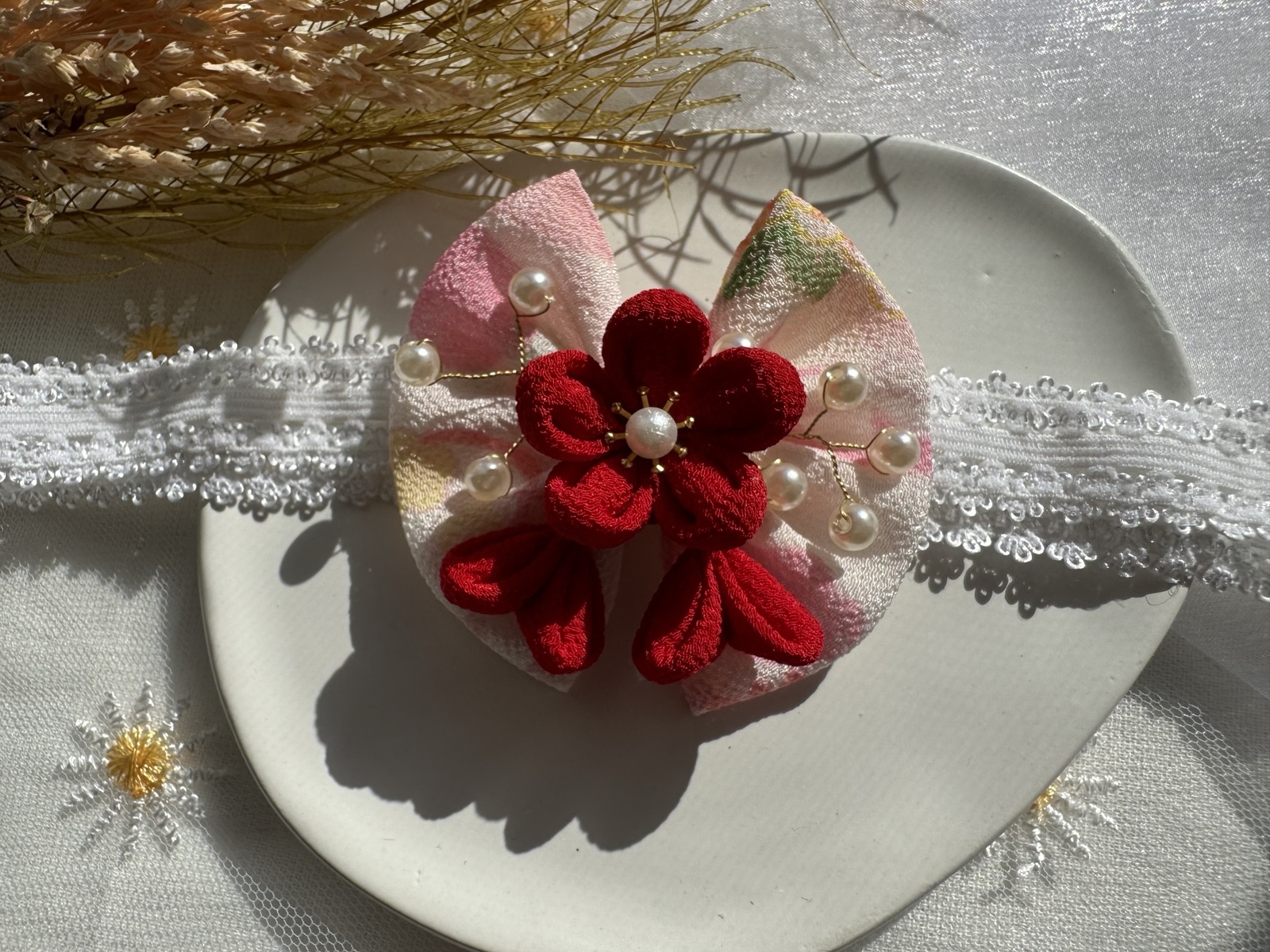 ぷっくり刺繍 花柄リボン ベビーヘアクリップ ヘアピン ヘアゴム ヘア