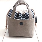 【再販】▼mini巾着トートバッグ▼ギンガムチェック(ブラック)+cotton linenキャンバス(スモークカーキ)