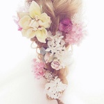 ダリアとピンクのプリザーブドフラワーの紫陽花とかすみ草のヘッドドレス♡