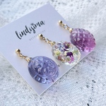 本物のお花を使ったフラワードロップ3粒ピアス・イヤリング・イヤーカフ　アリッサム　パープル　チャーム変更可能　こっくり　秋